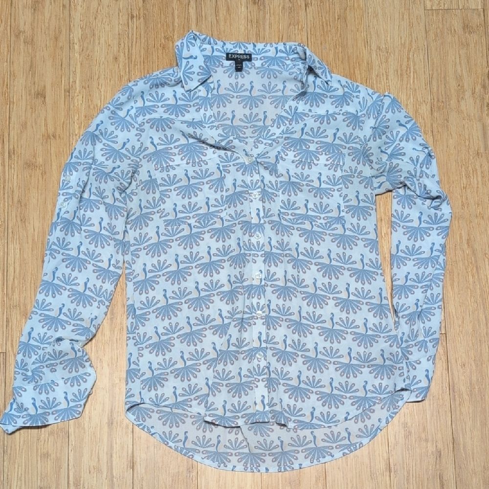 Express White and Blue Floral Button-Down  Size XS - Picture 5 of 7